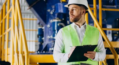 workman in a factory writing notes